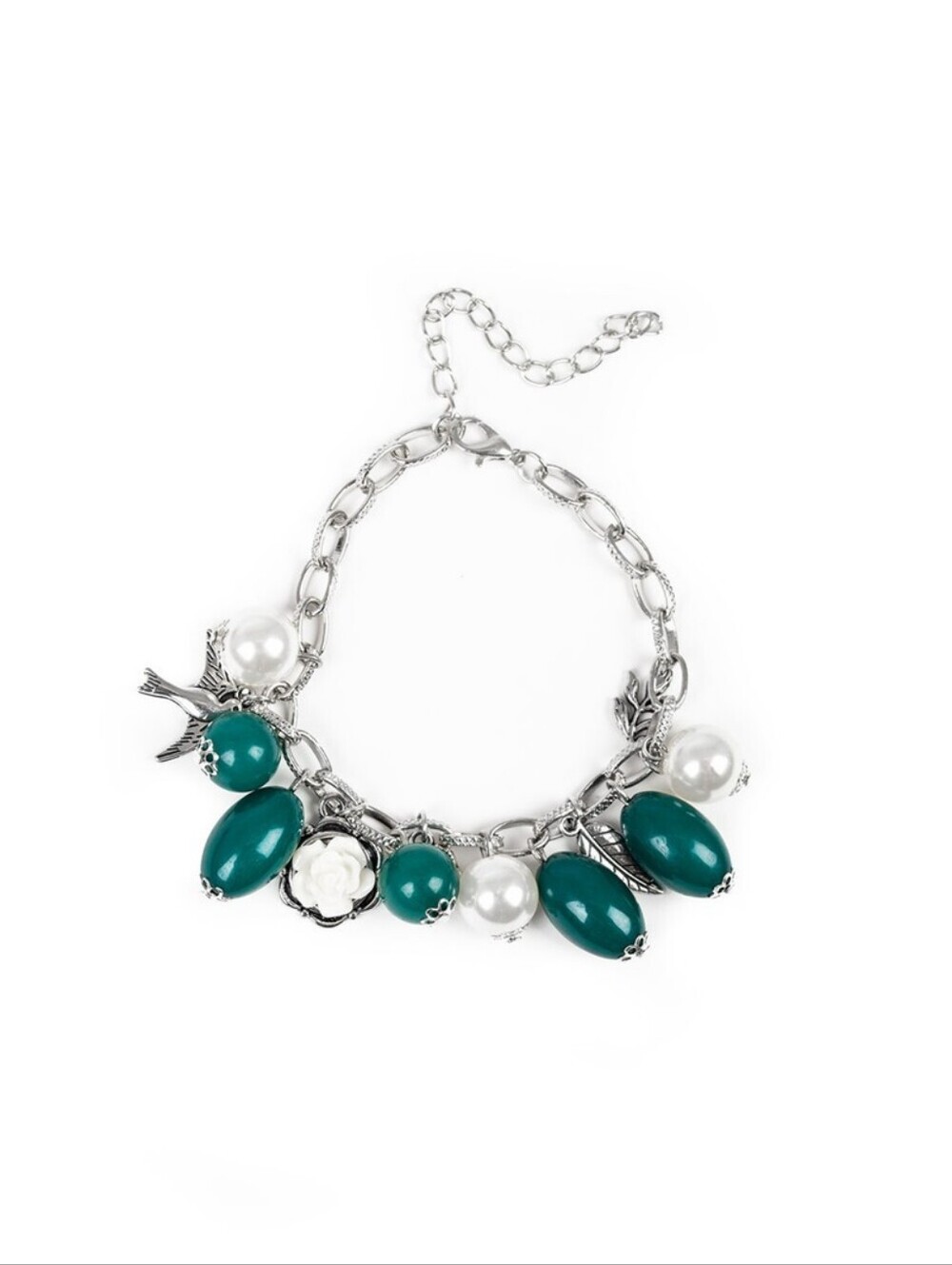 paparazzi Teal Bead & Pearl Charm Silver Chain Bracelet